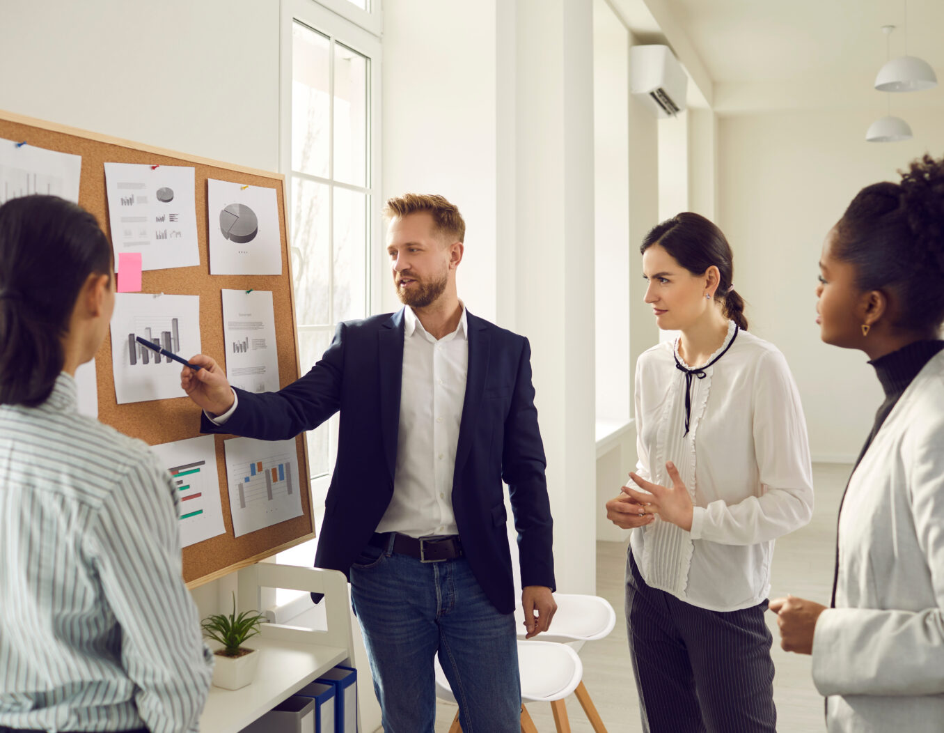 Team of employees around a work board